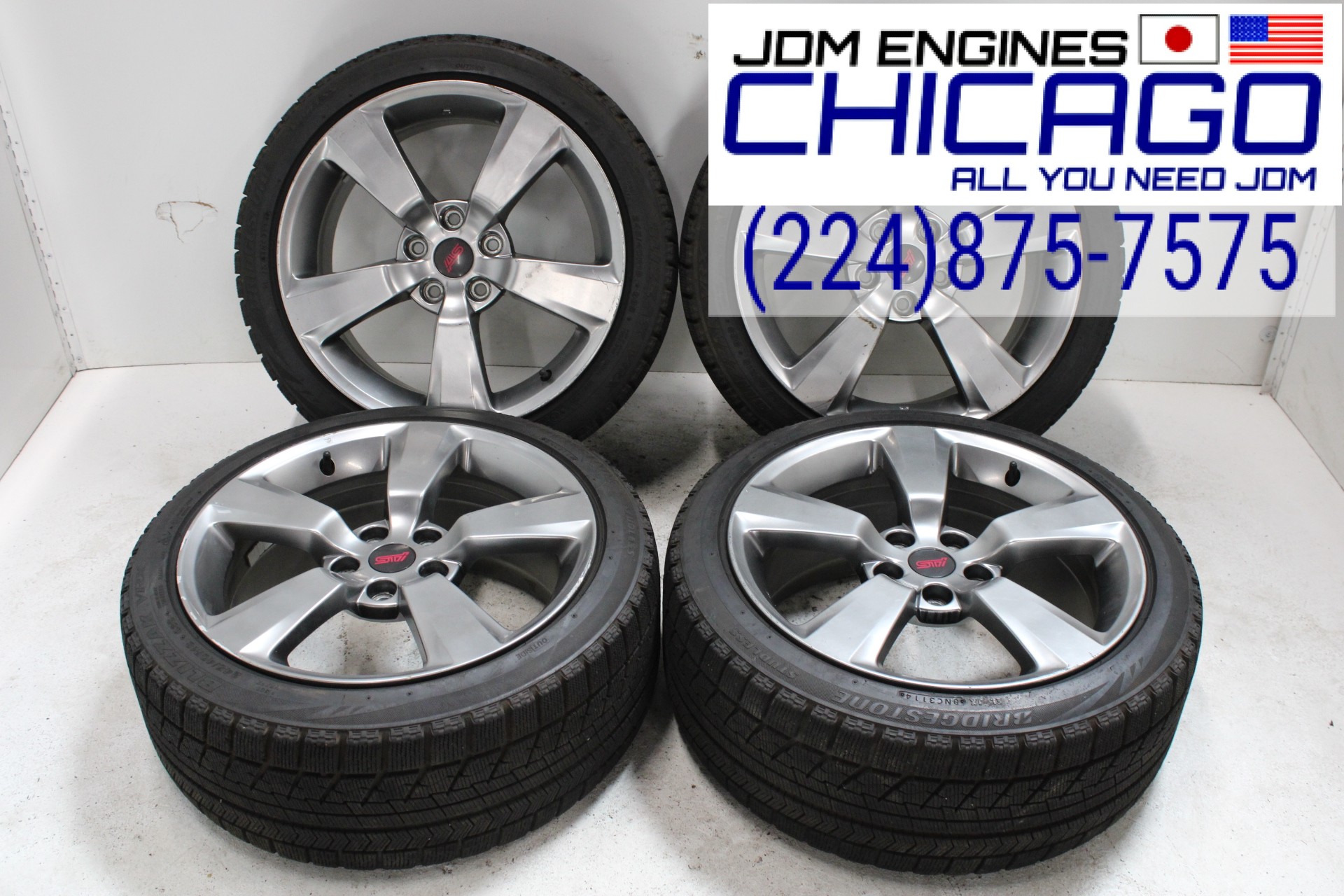 JDM STI 5X114.3 BOLT PATERN 18X8.5J RIMS + BRIDGESTONE BLIZZAK 245/40/R18 93S WINTER TIRES SET OF 4