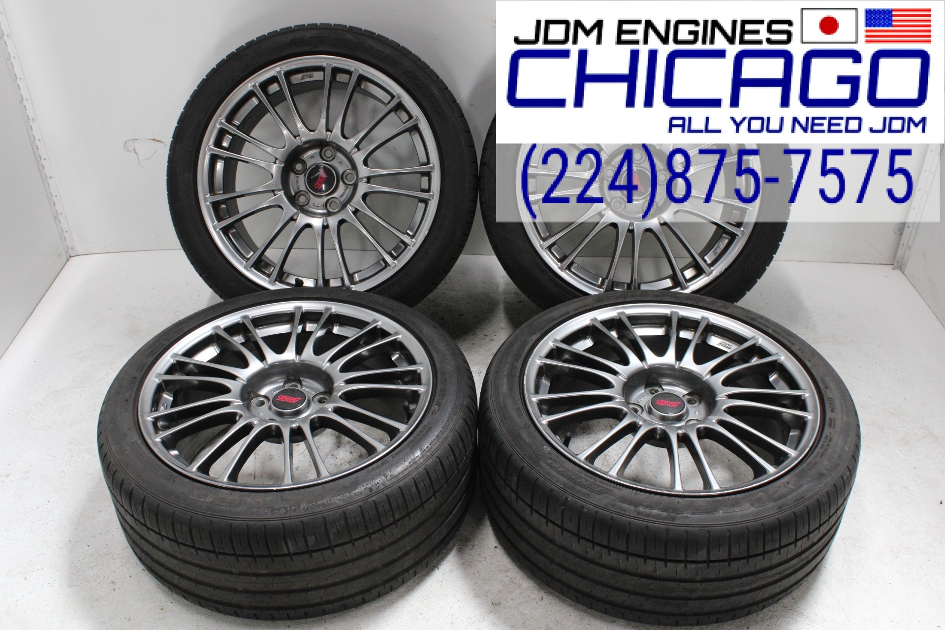 JDM STI 5X114.3 BOLT PATERN 18X8.5J RIMS + AZENIS FALKEN 245/40/ZR18 97Y TIRES SET OF 4